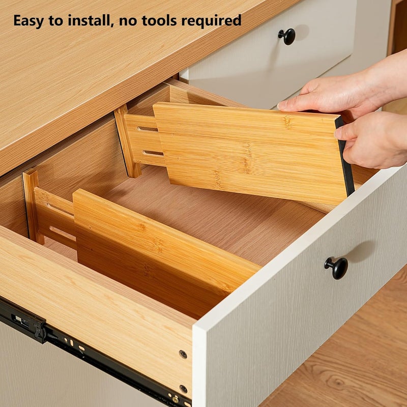 Fabsome Dresser Drawer Organizers 6 Pack, 4.65'' High Adjustable from 12.5-17‘’ Bamboo Drawer Dividers for Clothing Baby Clothes, Wooden Separators for Dresser Nursery Organization with Soft Foam Ends - Image 5